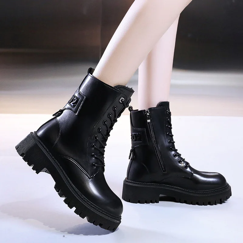 

Ladies Platform Riding Boots 2021 Fall New Ladies Plus Velvet Round Toe Side Zipper Motorcycle Boots Women's Short Boots