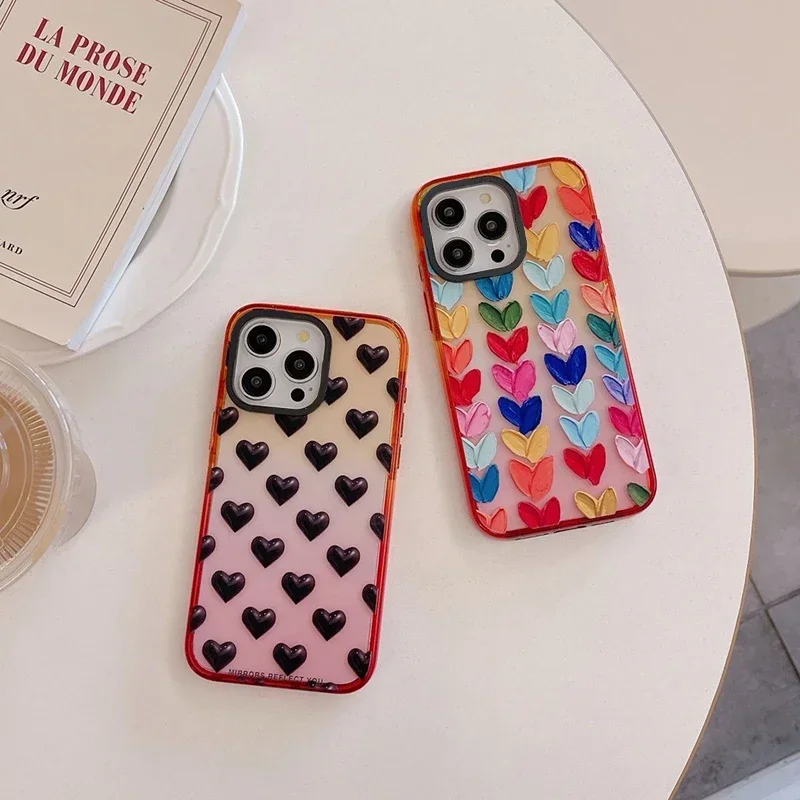 Акриловый чехол для телефона с цветными сердечками и персиковой градиентной