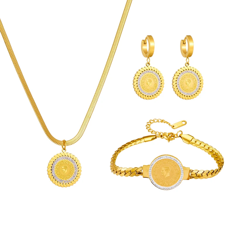 DIEYURO 316L Stainless Steel Round Portrait Charm Necklace Bracelets Earrings For Women Girl New Trend Non-fading Jewelry Set