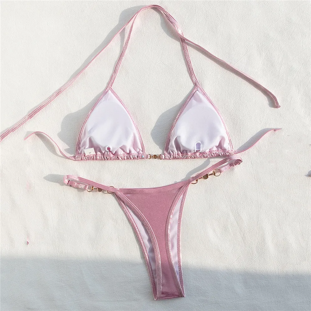 Комплект бикини привлекательный Розовый Блестящий купальник с лямкой на шее