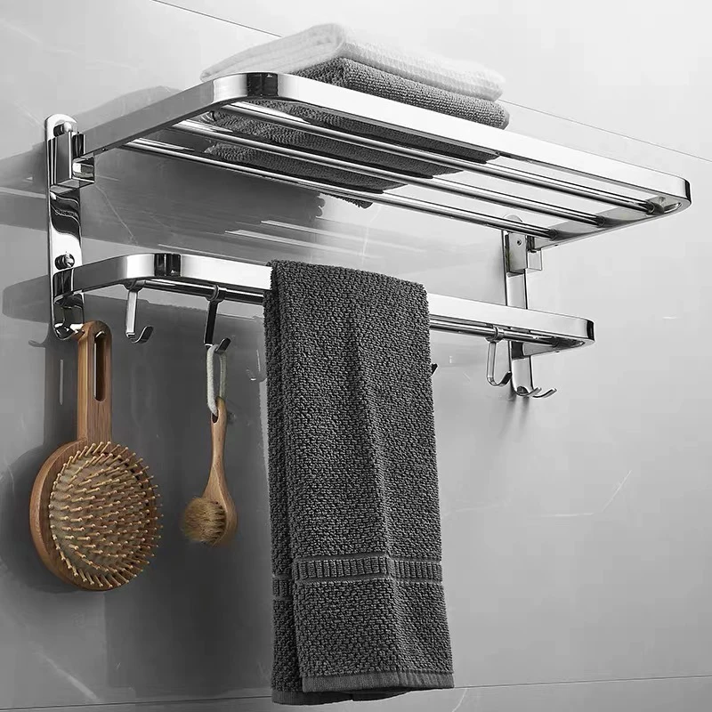 

Bathroom Steel Shelf With Towel Holder Bathroom Folding Towel Bathroom Storage Organizer Hook Rack Shelf Polished Stainless