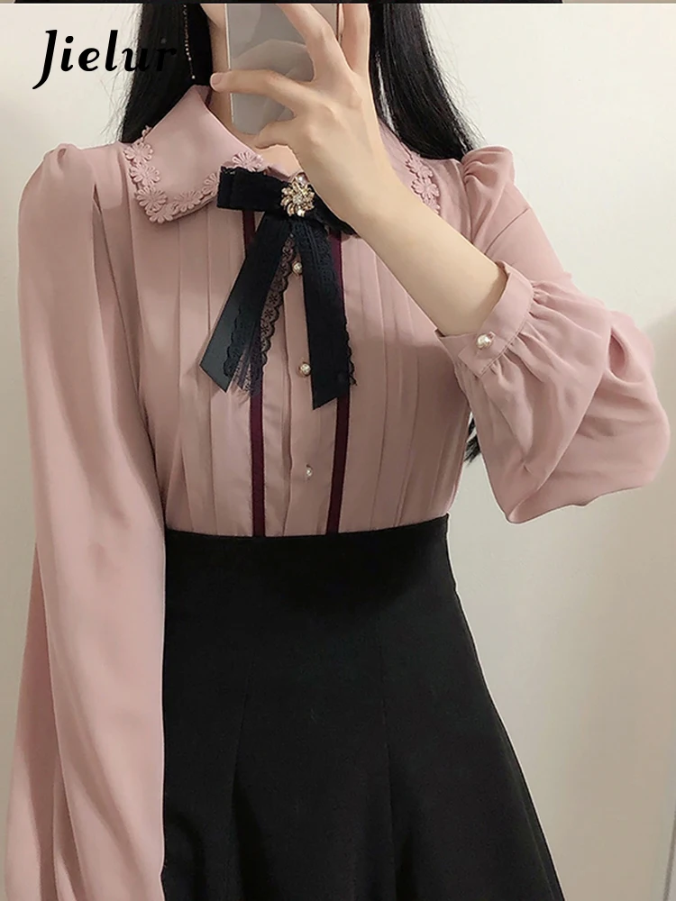 

Jielur 2022 Spring Women Cute Tops Preppy Style Vintage Japaneses Korea Design Button Elegant Formal Shirts Blouses Pink White