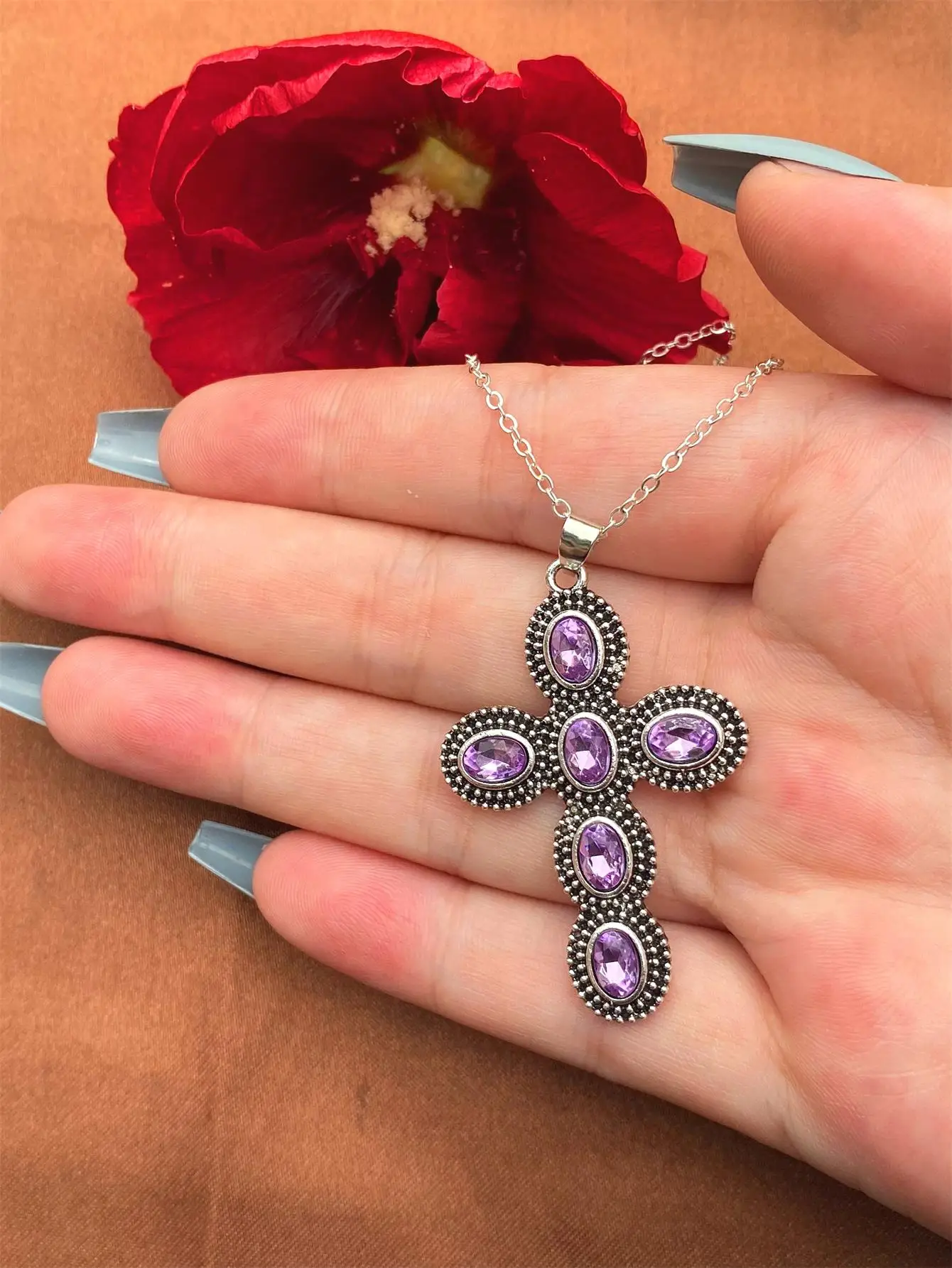 

ANGLANG Fashion Purple Cross Necklace for Women Shiny Stylish Party Accessories Female Statement Neck Jewelry