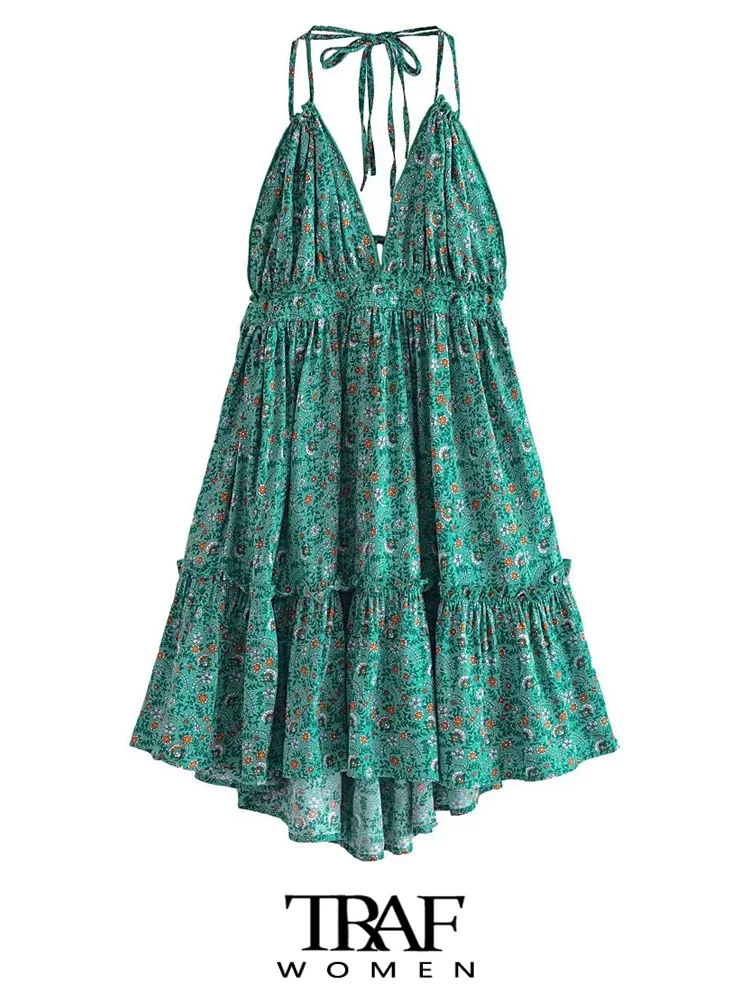

TRAF Women Fashion Floral Print Ruffled Mini Dress Vintage Backless Tied Thin Straps Female Dresses Vestidos Mujer