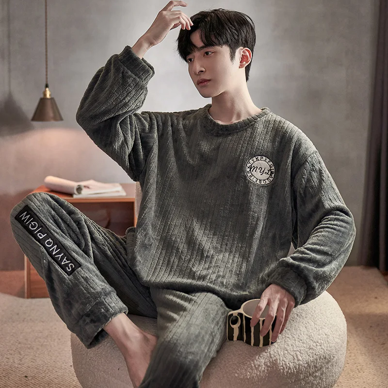 QUHENG Cute Pajamas for Men Thick Plush Fleece Pajama Sets Winter Coral Velvet Warm Flannel Clothes Home Suit Male Sleepwear