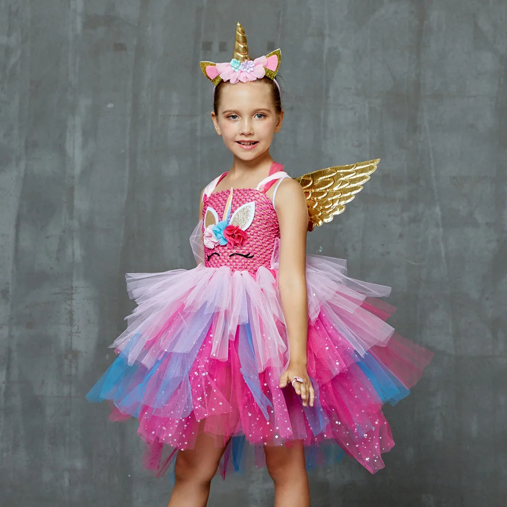 

New Girl Rainbow Unicorn Dress For Kids Embroidery Ball Gown Baby Girl Princess Birthday Dresses Party Costume Children Clothing