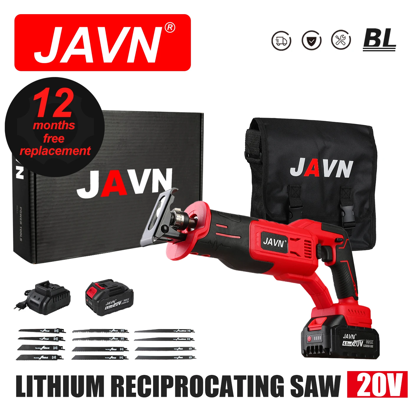 JAVN 20V Brushless Electric Saw 3500 RPM Motor Metal Wood Cutting Tool Variable Speed Cordless Reciprocating Saw