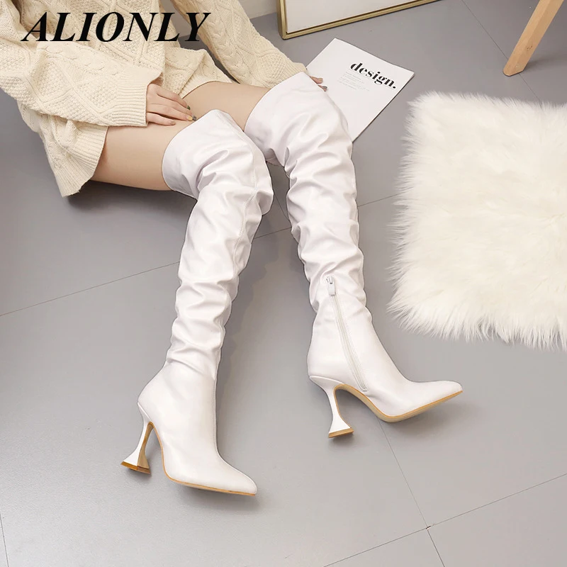 Alionly 2023 Winter New Boots Women's Stiletto Pointed Toe White High-Heel Wine Glass Heel Knee-High Boots Bottes Pour Femmes