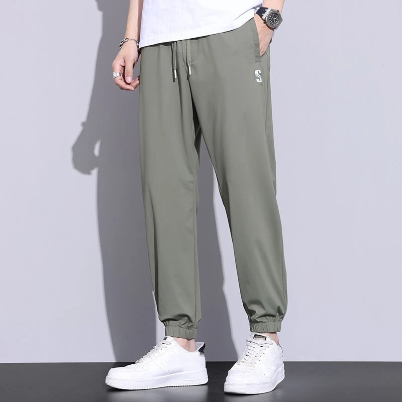 Новинка мужские Модные брендовые брюки из ледяного шелка свободные спортивные с