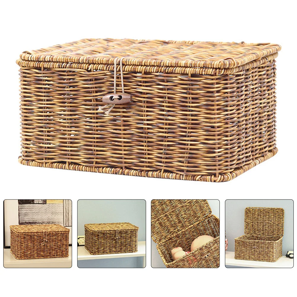 

Storage Box Basket Wovenwicker Baskets Rattan Bins Organizer Lid Shelf Decorative Makeup Rectangular Tissue Desktop Seagrass