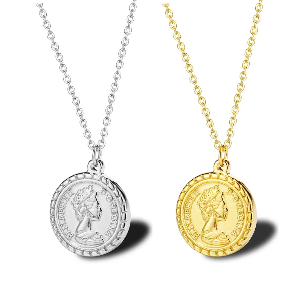 

Round Portrait Coin Necklace for Women Men Stainless Steel Gold Silver Color Vintage Chain Necklaces Girl Jewelry