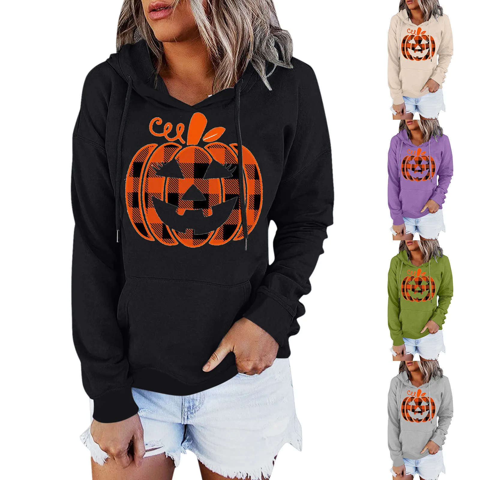 

Solid Hoodie Women Hooded Halloween Pocket Drawstring Long Sleeves Pumpkin Printing Sweatshirt Top Hooded Pullover Women