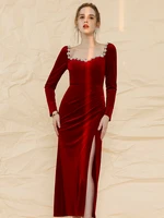 yigelila fashion women autumn red dress elegant square collar full sleeve velvet dress empire solid dress ankle length 67564