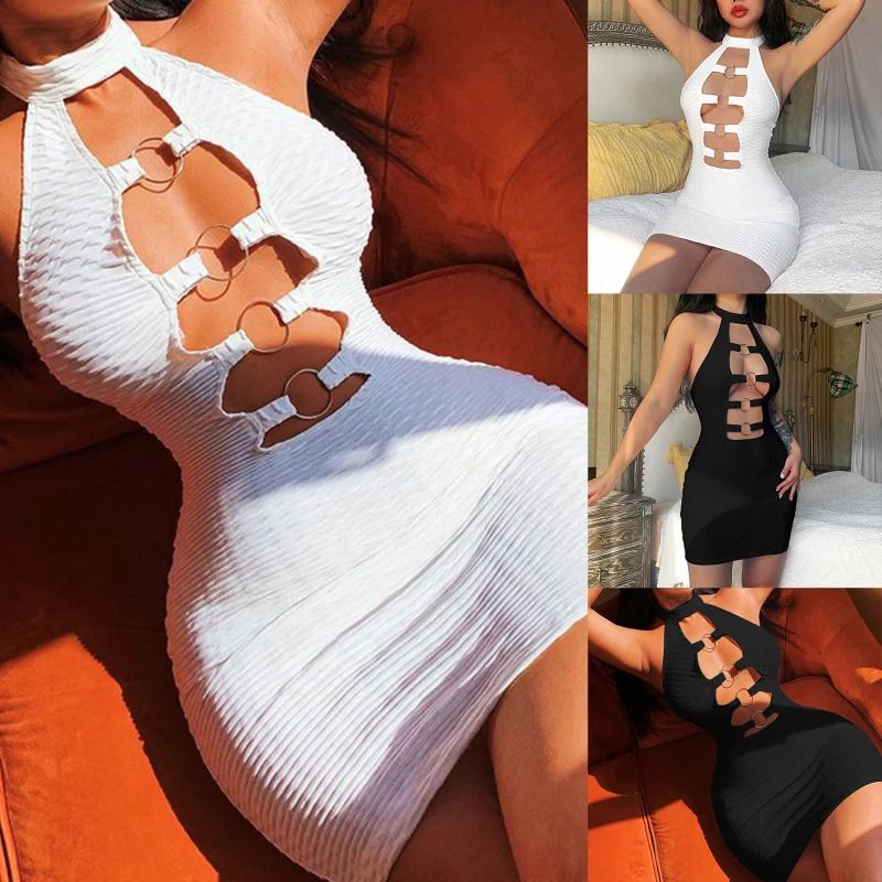 

Backless Halter Sexy Mini Dress Women Hollow Out Metal Ring Sleeveless Body-shaping Club Streetwear Solid White Dresses