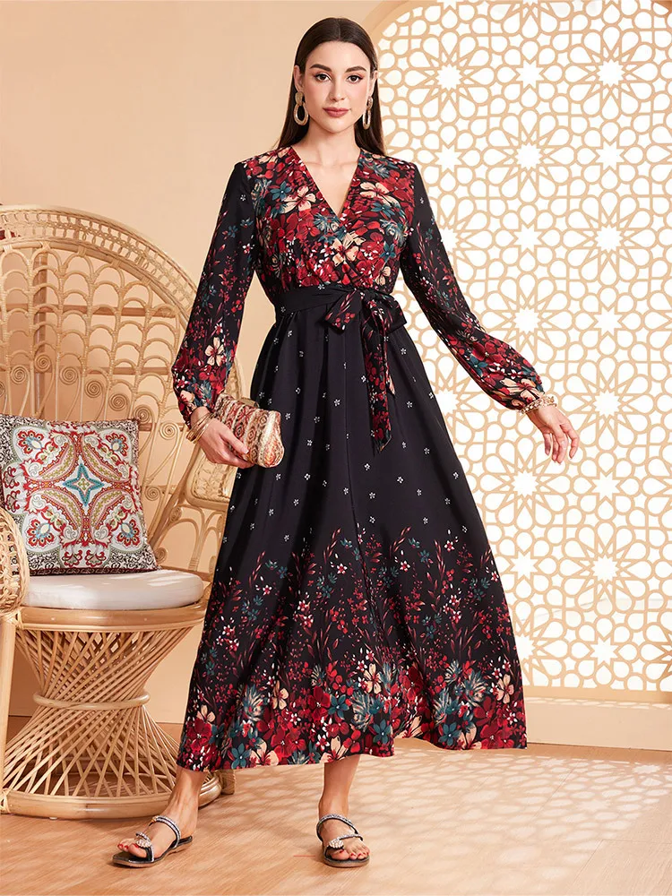Платье с рукавами-фонариками для женщин черное платье принтом в виде Аравии