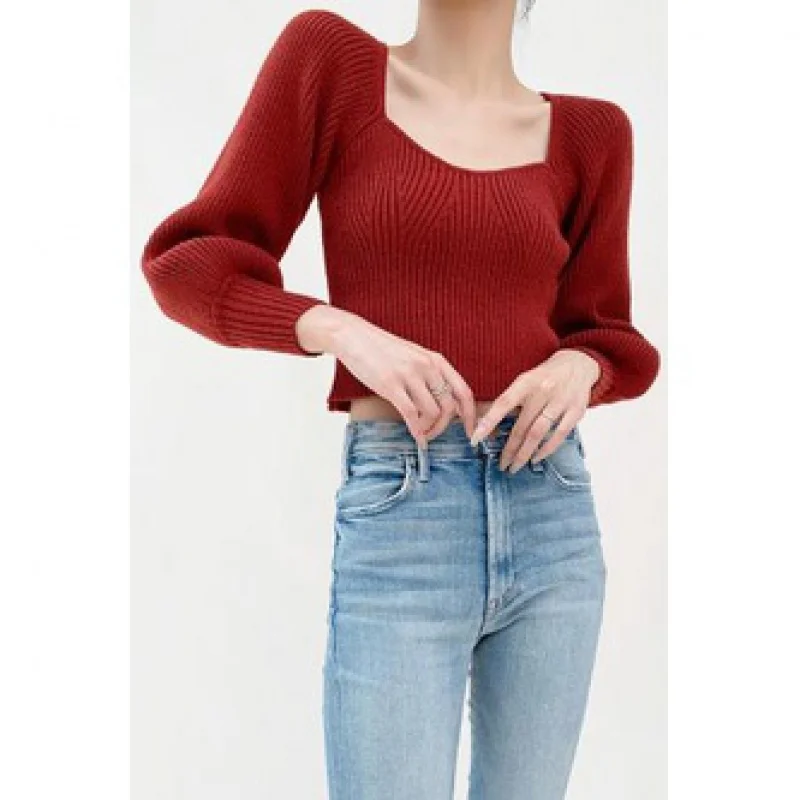 

French retro red square-neck knitted bottoming shirt women's lantern sleeves Hong Kong-flavored inner sweater short