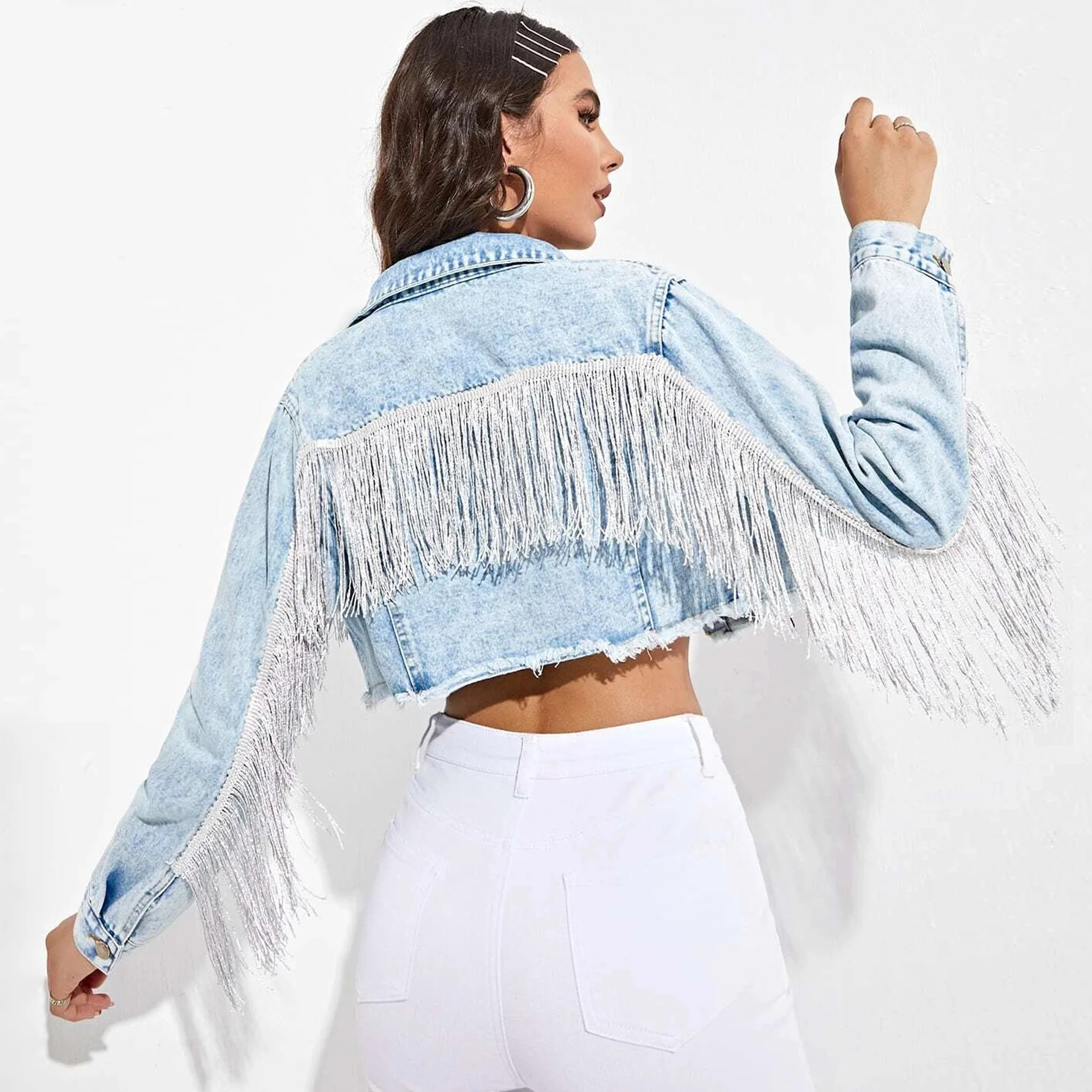 

Women Tassels Denim Jacket Fringed Stitching Blue Jeans Coat Turn Down Collar Cardigan Frayed Streetwear High Waist Crop Tops
