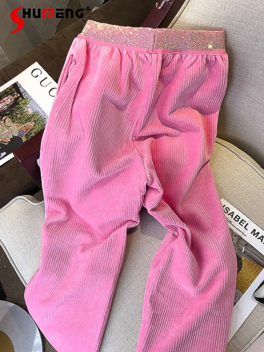 Hot Drilling Thicken Fleece-Lined Chenille Drooping Wide-Leg Pants Women 2022 Winter High Waist Sweet Pink Velvet Straight Pants