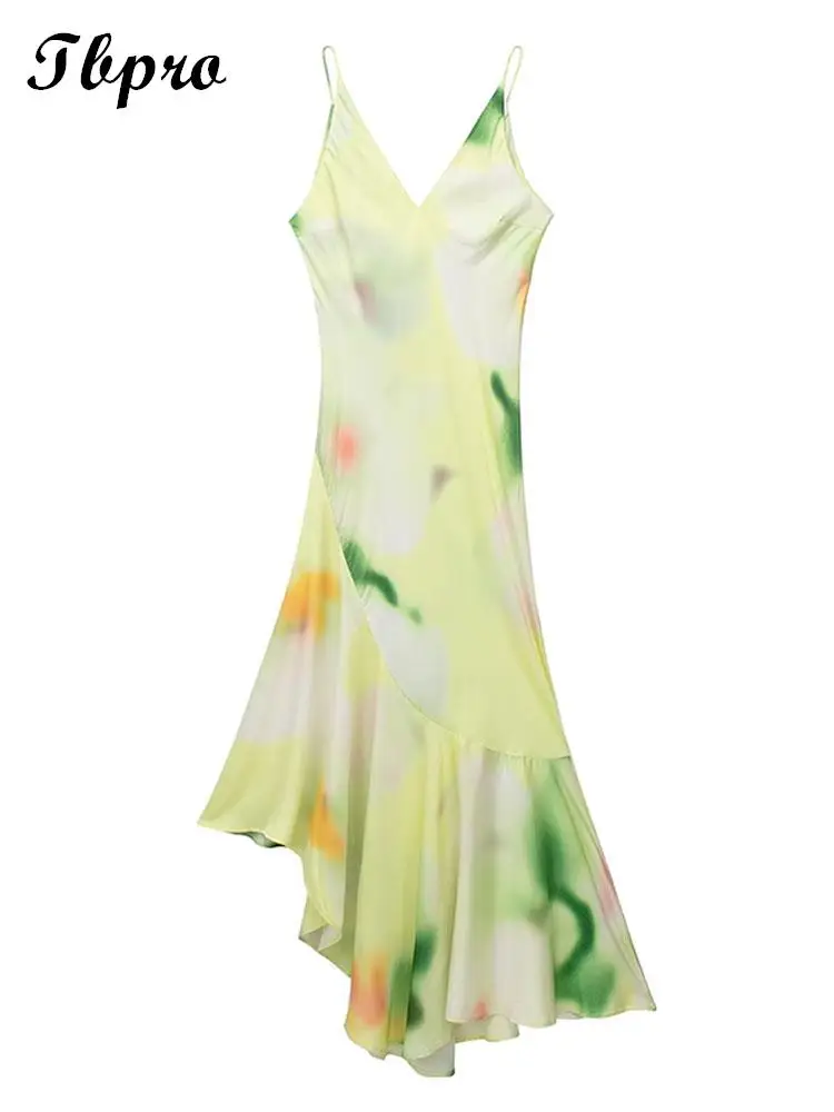 

Deep V Sling Asymmetric Lower Hem Dress Women Backless Sleeveless Slim Fit Robes Summer Popular Female Party Prom vestido
