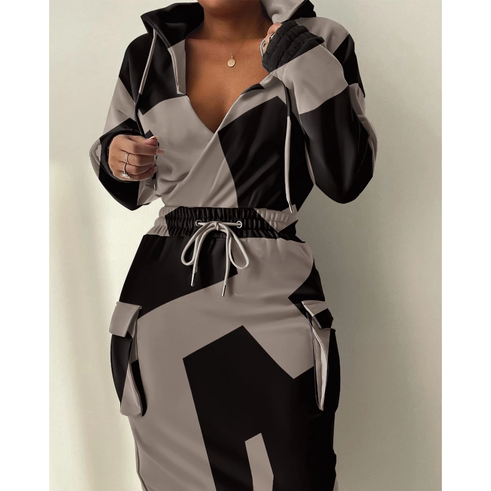 

Fashion Women Colorblock Print Flap Detail Drawstring Hoodie Dress Autumn Winter Femme V Neck Sweatshirt Midi Dress Robe Outfits