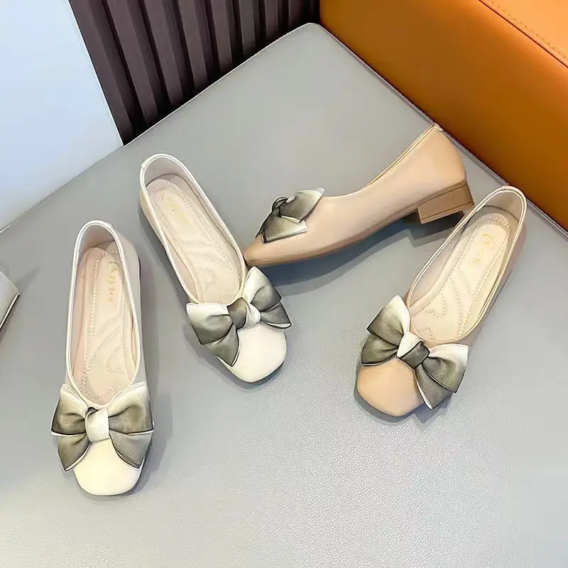 Bow shoes spring and autumn 2023 new flat-bottomed soft-soled temperament low heel shoes