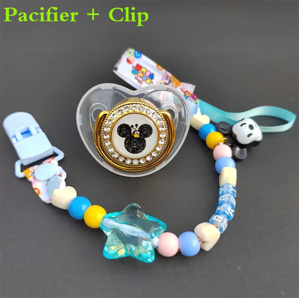 

Baby boy shower gift mickey mouse bead pacifier with chain clip cover BPA free BPA free newborn blue luxury pacifier baby item