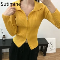 sutimine polo collar knitted cardigan women sweater 2021 autumn winter new slimming short double headed zipper long sleeve top