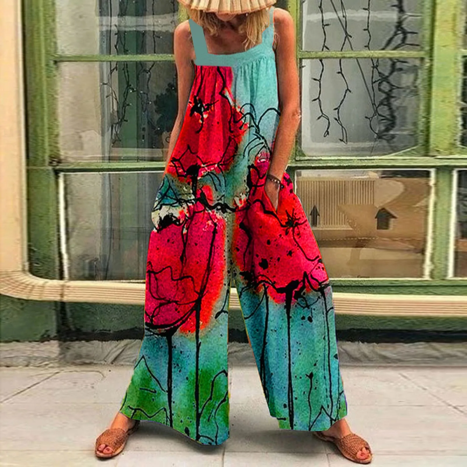 

Комбинезон пляжный женский с карманами, модный длинный свободный комбинезон с принтом, элегантные брюки с широкими штанинами
