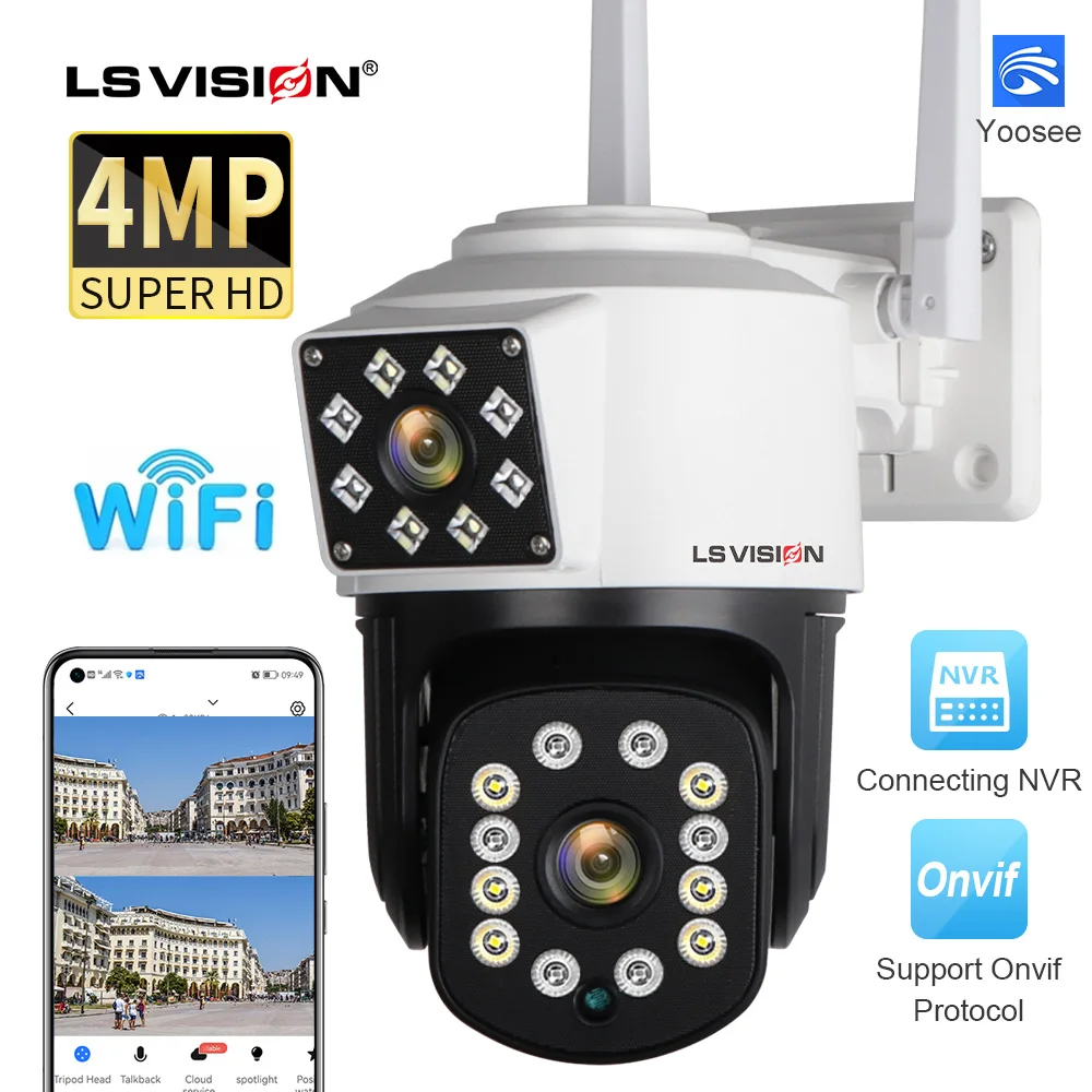 

LS VISION 4MP IP Camera Outdoor 2K WiFi PTZ Dual Lens Dual Screen Auto Tracking 2-Way Talk P2P Security Camera NVR/DVR Supported