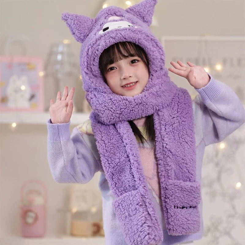 

Kuromi Sanrio Kawaii Anime New Winter Hat Scarf Gloves My Melody Cute Cartoon Baby Cotton Wool Warm Three-Piece Set Kids Toys
