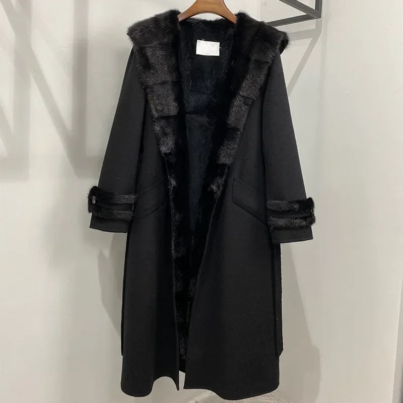 Женская куртка из 100% натуральной шерсти куртки с капюшоном меха норки для женщин