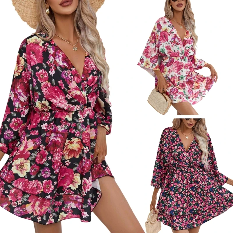 

Женское богемное платье с V-образным вырезом, коротким рукавом и цветочным принтом