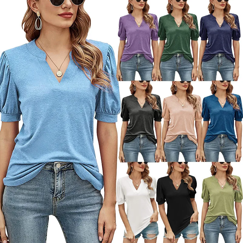

Women's top 2023 summer new casual v-neck solid color bubble sleeve loose t-shirt women