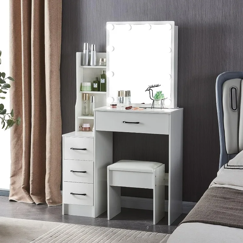 

Makeup Vanity Desk Set with Sliding Lighted Mirror, White Makeup Dressing Table with Cushioned Stool for Mother, Daughter Bedr