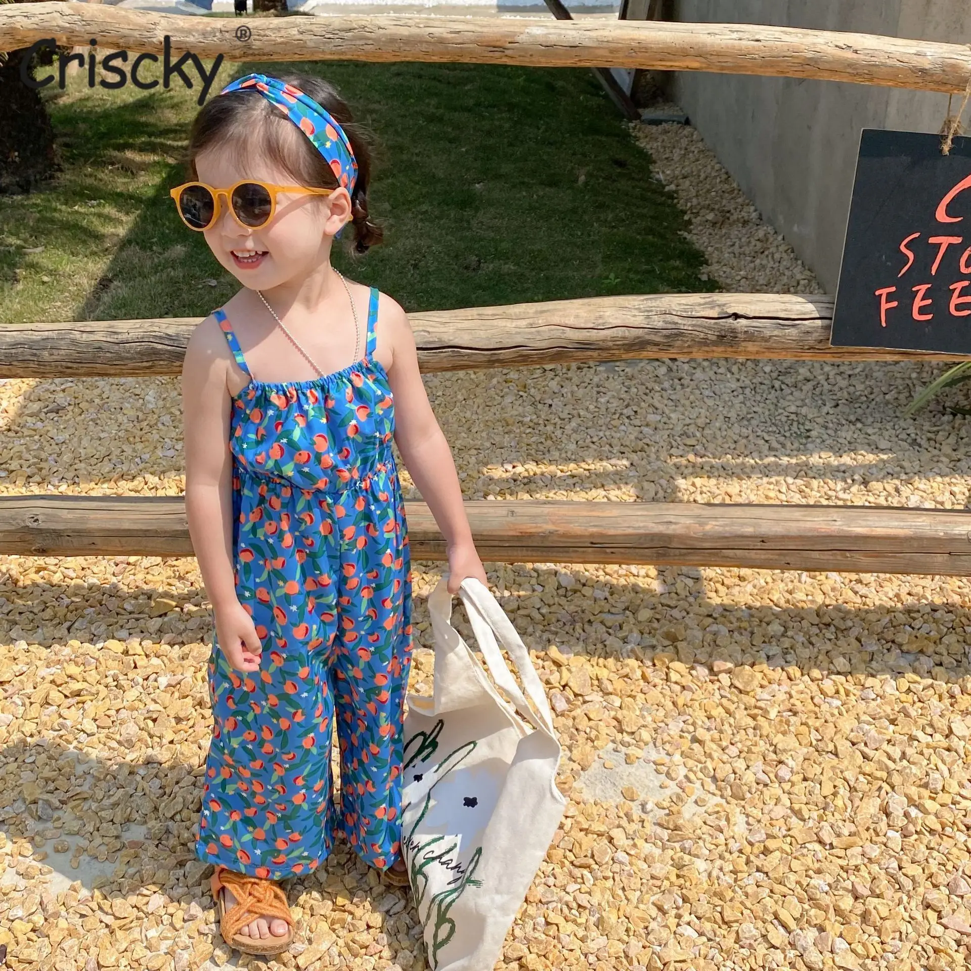 

Criscky Little and Big Girls Summer Floral Floral Printing Long Jumpsuits Fashion Spaghetti Strap Kids Rompers For Girls