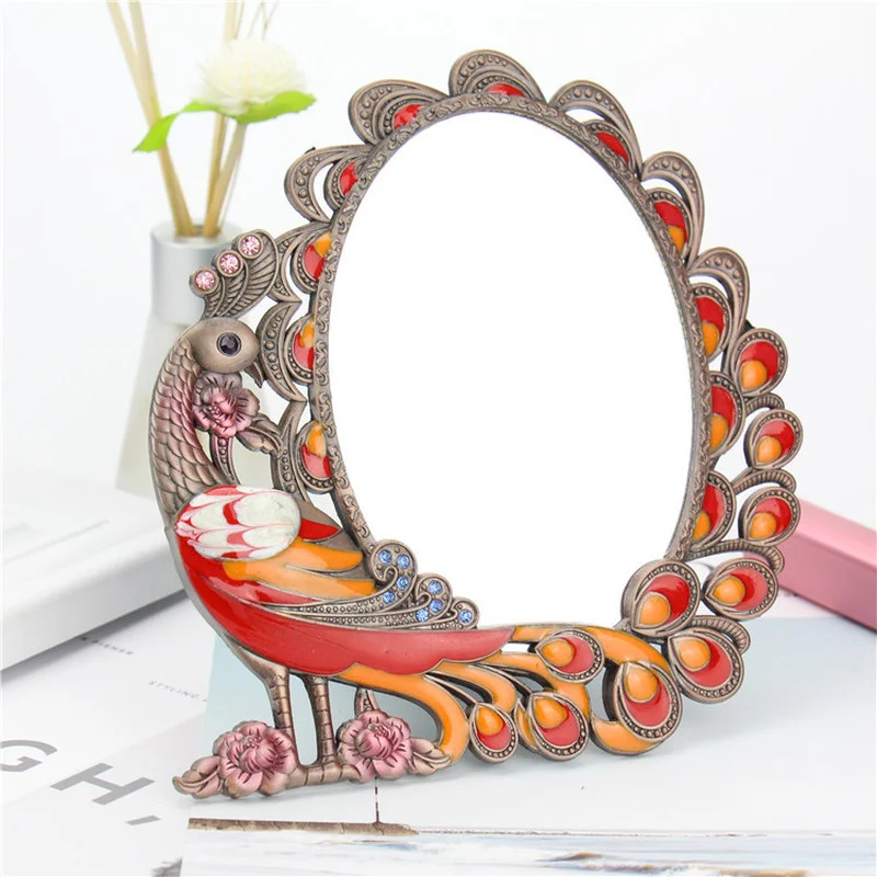 

L143 Standing Mirror for Bedroom Folding Desktop Makeup Mirror Retro Euporen 3D Peacock Pattern Princess Mirror with Storage