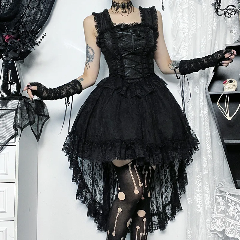 

Goth Dark Victoria Mall Gothic Lace Tiered High-low Dress Vintage Grunge Bandage Elegant Dresses Women Ruffle Off Shoulder Cloth