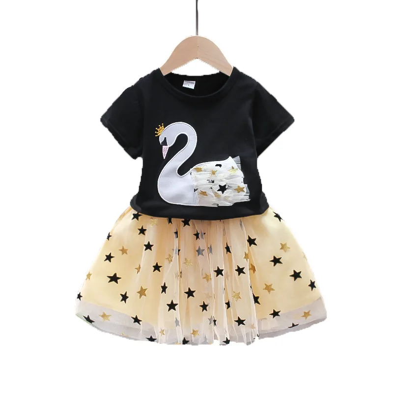 

Cute Girls Outfits Boutique Swan Pattern Lace Tulle Tutu Skirt+T-shirt Sets for Little Girl Clothes Suit Summer Noverlty FY01284