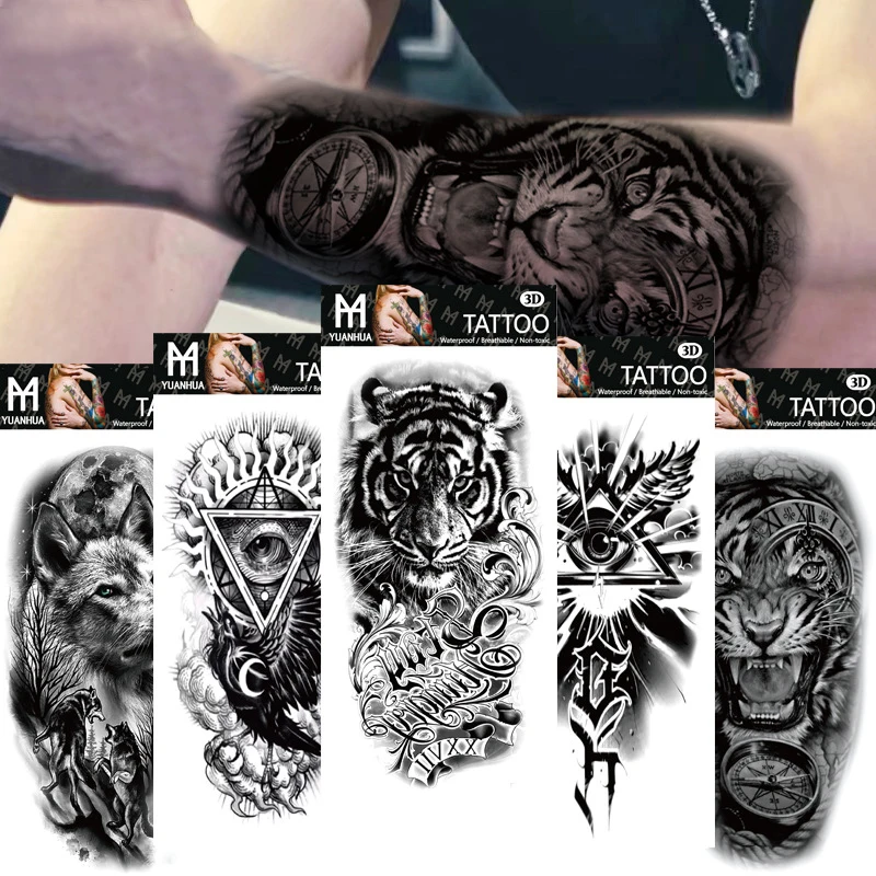 

Black Forest Tattoo Sticker for Men Women Children Tiger Wolf Death Skull Temporary Tattoo Fake Henna Skeleton King Animal Tatoo