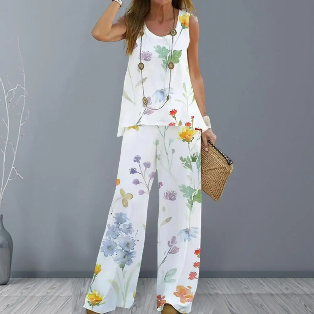 

Lady Tank Top Trousers Set Contrast Colors Vest Pants Set Two Piece Outfit Casual O Neck Ladies Summer Suit Lady Garment