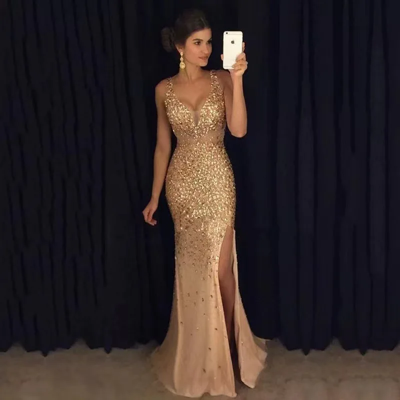 Sexy Slit Gold Evening Dresses 2022 Autumn and Winter Fashion Sequins Lace Dubai Saudi Arabic Prom Powers Sleep Party Dress