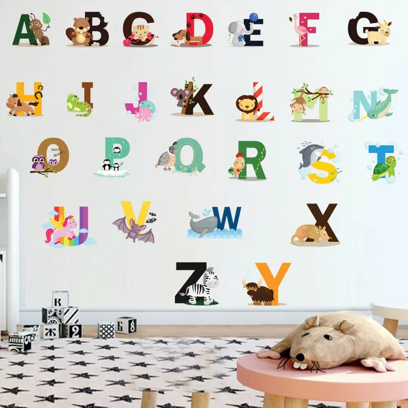 

3PC/Set Cute Cartoon Animals 26 English Letter Words Home Decoration Bedroom Living Room Wall Stickers Children's Room Wallpaper