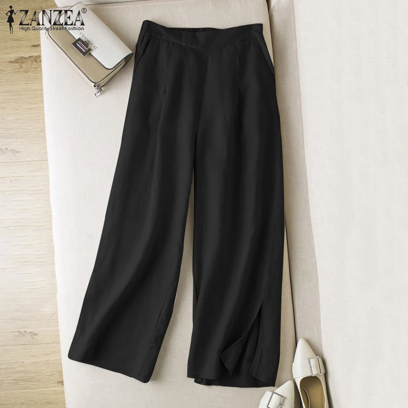

Baggy Cotton Pantalon ZANZEA Casual Solid OL Trouser Women Vintage Back Elastic Waist Pant 2022 Spring Palazzo Overzied Overalls
