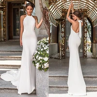 simple stain halter wedding dress sleeveless sweep strain elegant bridal gown for women 2022 custom made vestido de novia