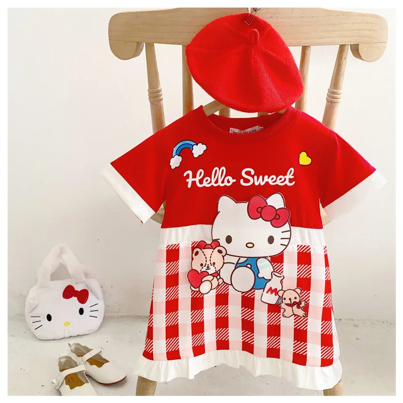 

Cute Cartoon Sanrioed Hellokittys Checkered Printed Girls' Short Sleeved Dress Kawaii Cotton Loose Lace T-shirt Skirt Kids Gift
