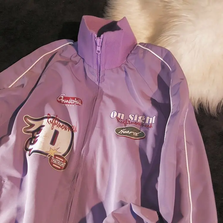 

Purple Jacket 2023 Spring Autumn Men Women Zipper Printed Racing Jacket Loose Preppy Windbreaker Baseball Uniform Coat