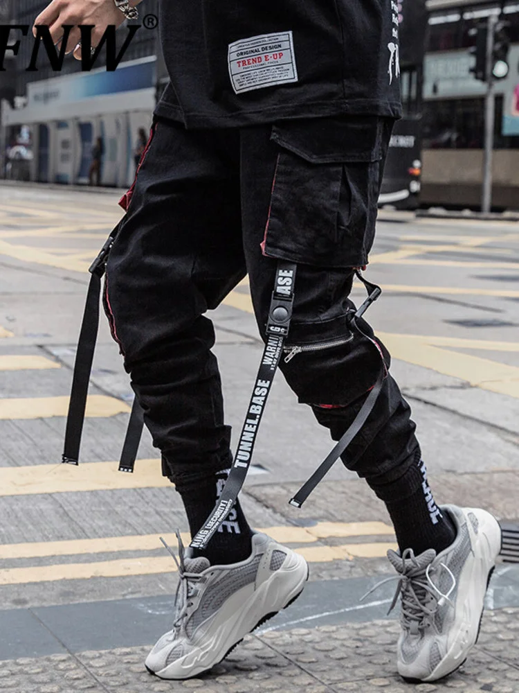

Men's Streetwear Hip Hop Casual Overalls Solid Black Male Trousers Cool Safari Style Joggers Ribbons Cargo Pants 12X1463