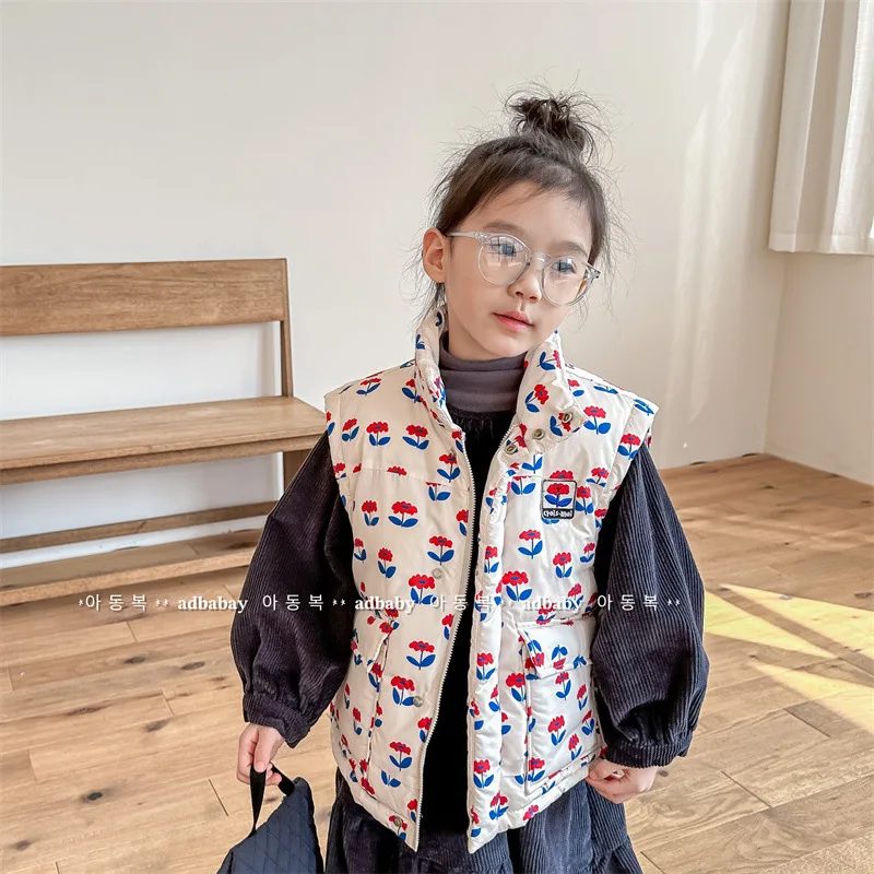 

2023 Winter New Baby Sleeveless Warm Vest Fashion Flower Print Infant Girl Down Vest Kids Toddler Thick Warm Casual Vest Jacket