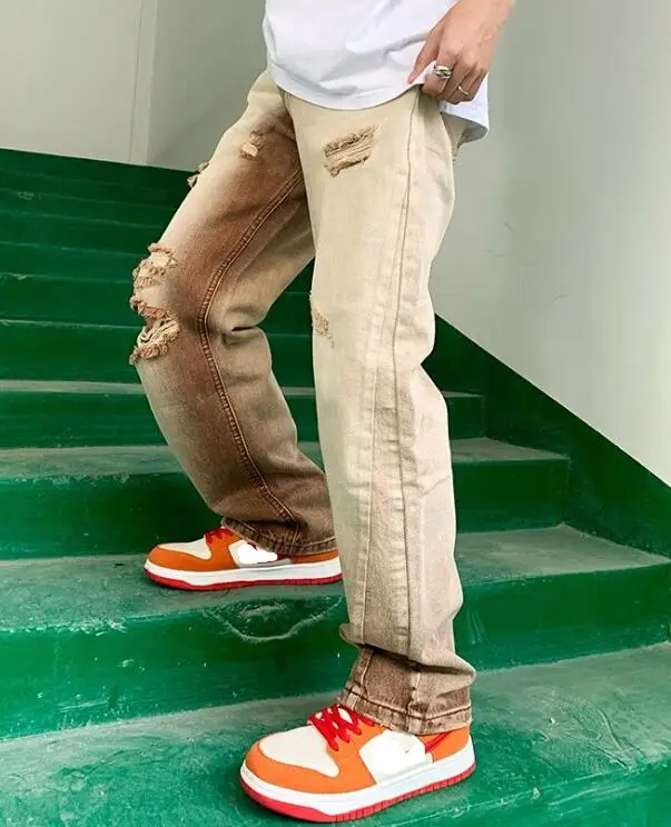 Gradient Color Washed Coffee Color Ripped Jeans Men Tide Brand Retro Brown Hollow Straight-Leg Pants