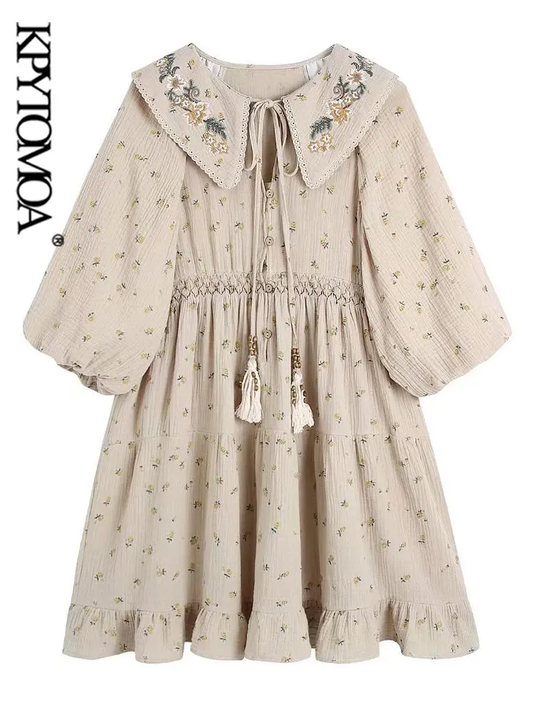 

KPYTOMOA Women Fashion With Embroidery Peter Pan Collar Mini Dress Vintage Puff Sleeve Front Buttons Female Dresses Vestidos